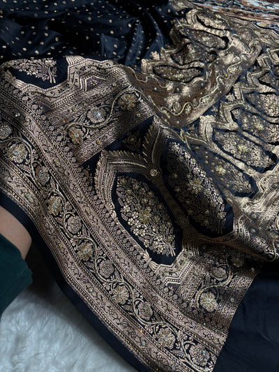 Banarasi Black Katan Silk Saree With Ari Zardozi and Swarovski stone work BSK01