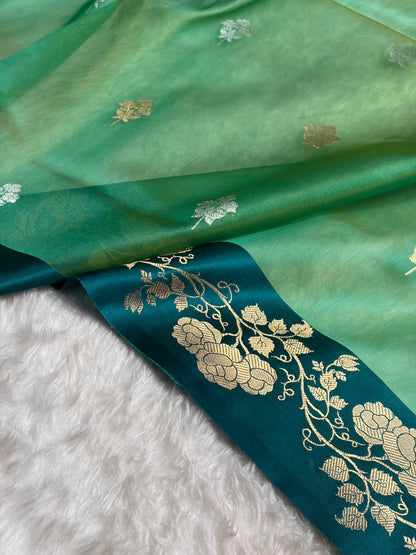 Contrast Pure Banarasi Organza Sea Green With Rama Floral Banarasi Silk Saree PO-13
