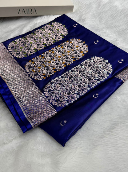Royal Blue Shades Banarasi With Floral Minakari Pattern Mashru Silk Saree MSM-131