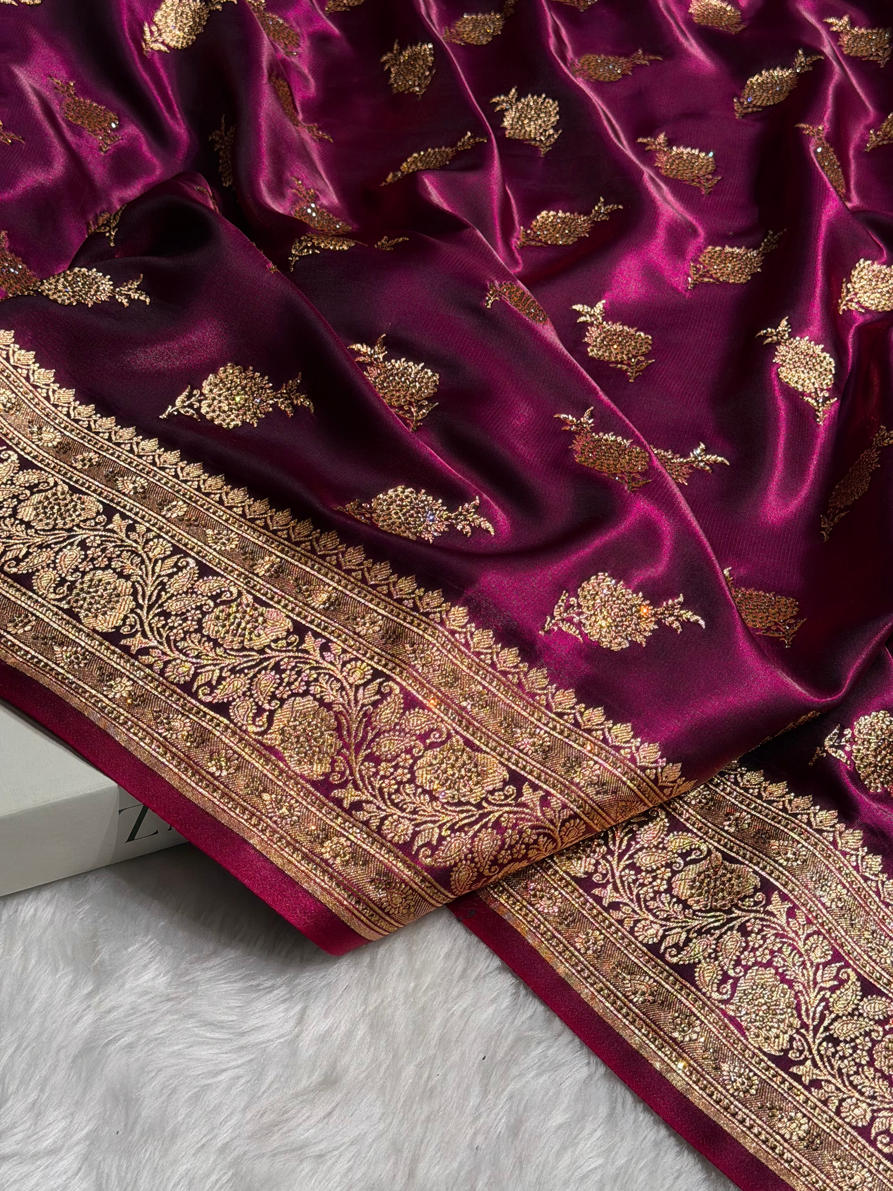 Satin Silk Saree Swarovski Work Floral Boota in Wine Shades BSS26