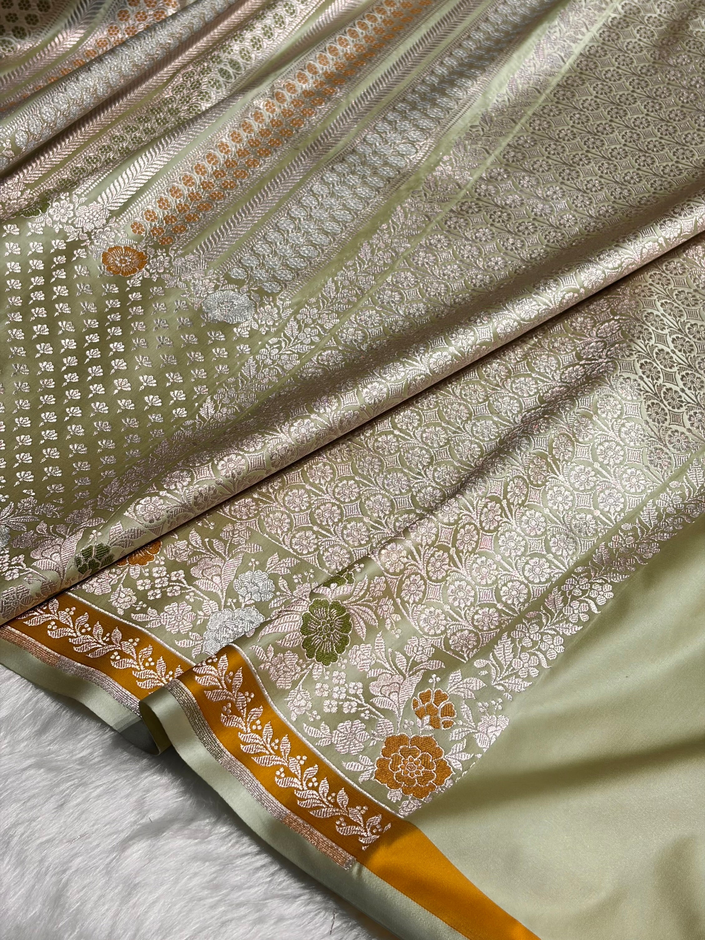 Pista Shades Floral Minakari Skirt Border Mashru Silk Saree MSM-83