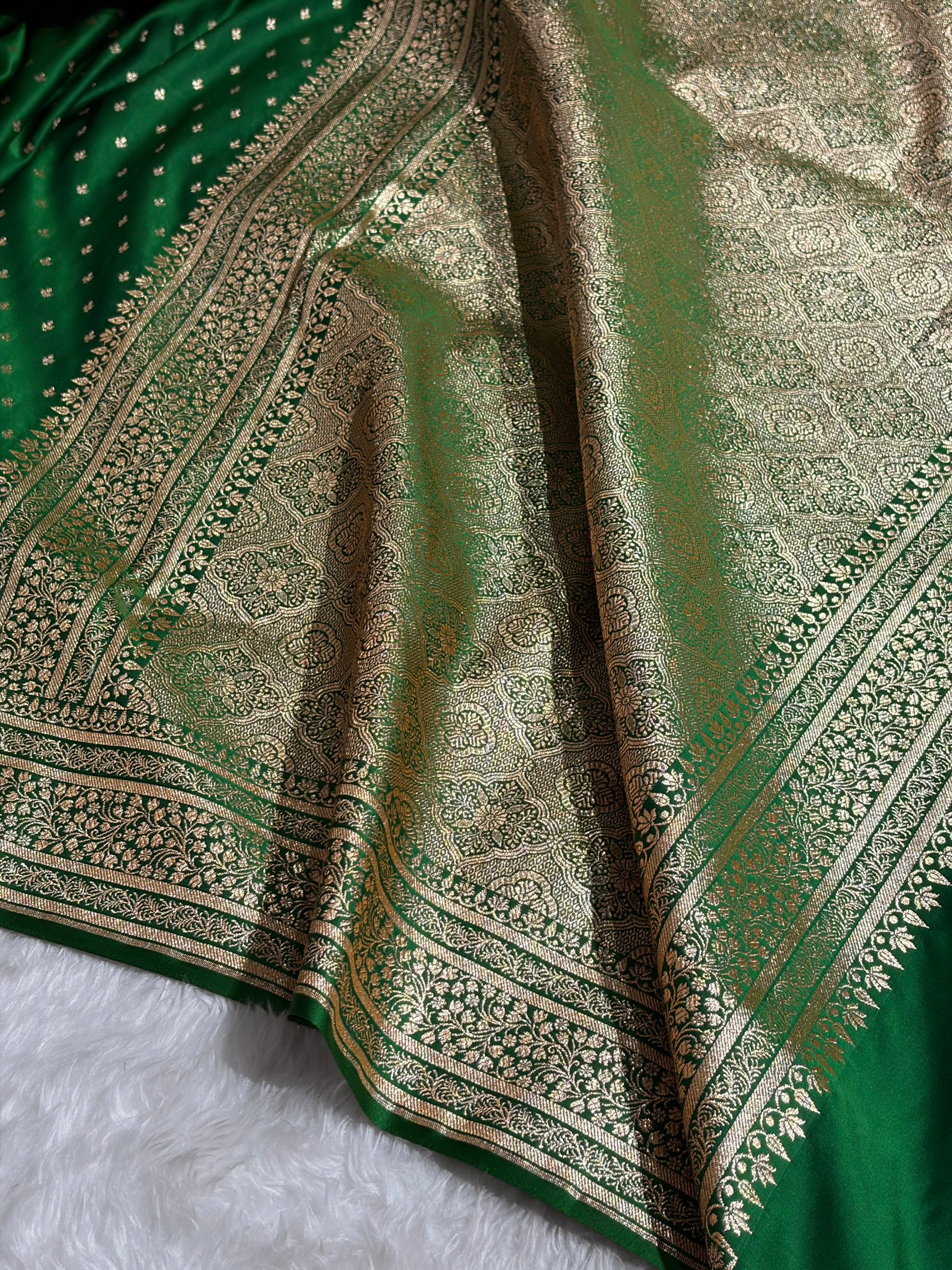 Banarasi Satin Katan Saree in Cross Bottle Green Shades SK88