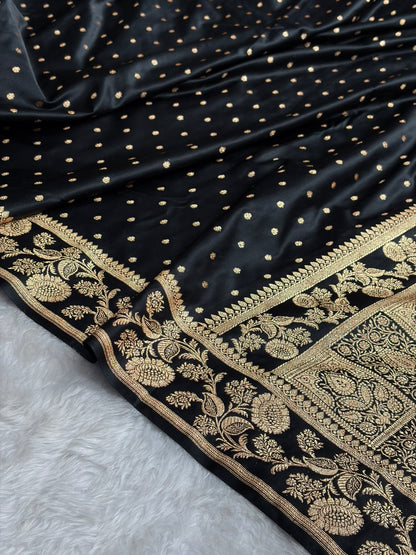 Banarasi Satin Katan Saree With Boota in Black Shades SK107