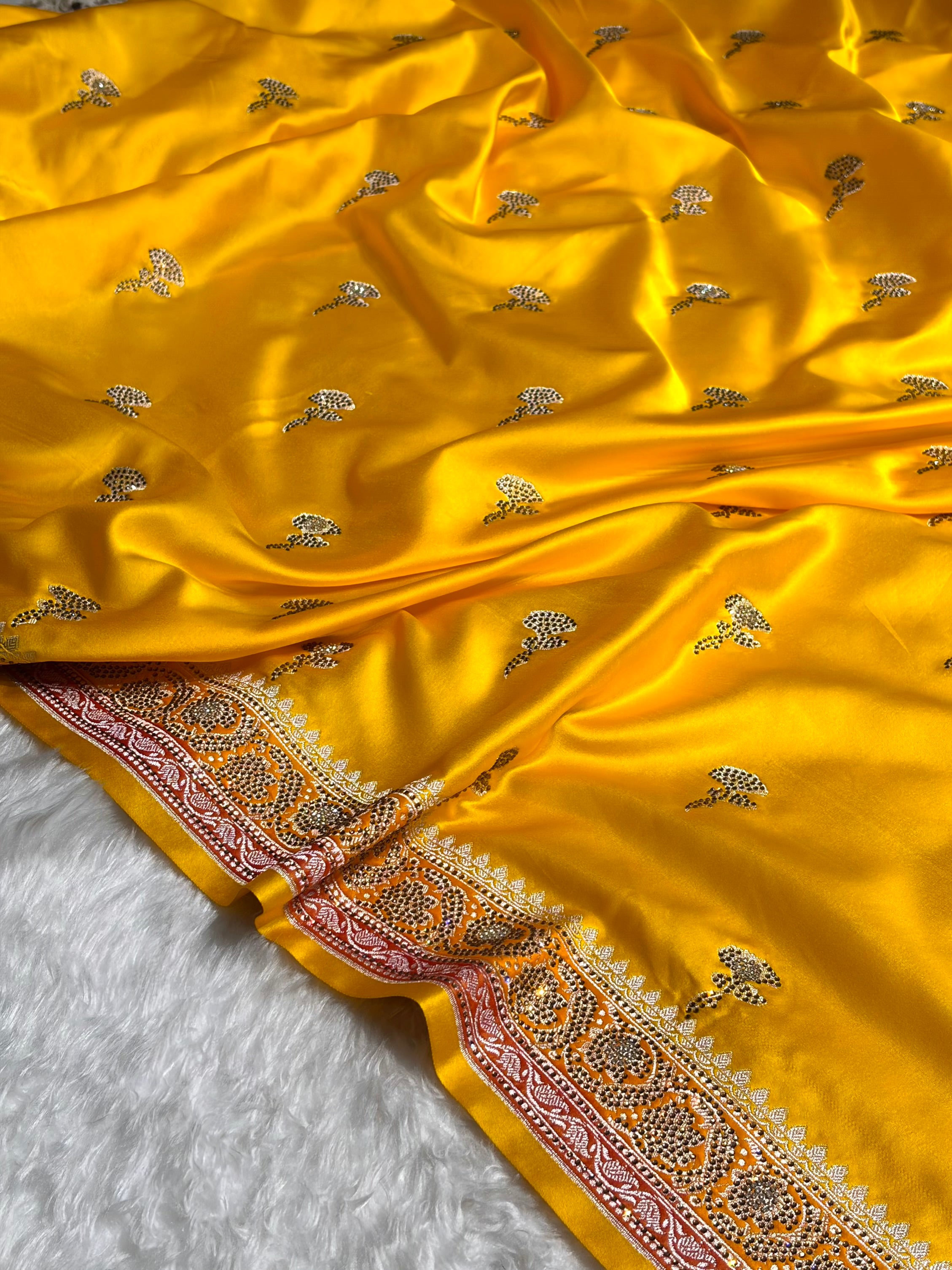 Yellow Shades With Banarasi Swarovski Stone Work Boota Mashru Silk Saree BMS51