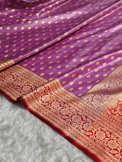 Banarasi Contrast Satin Silk Booti in Lavender With Red Shades SS01