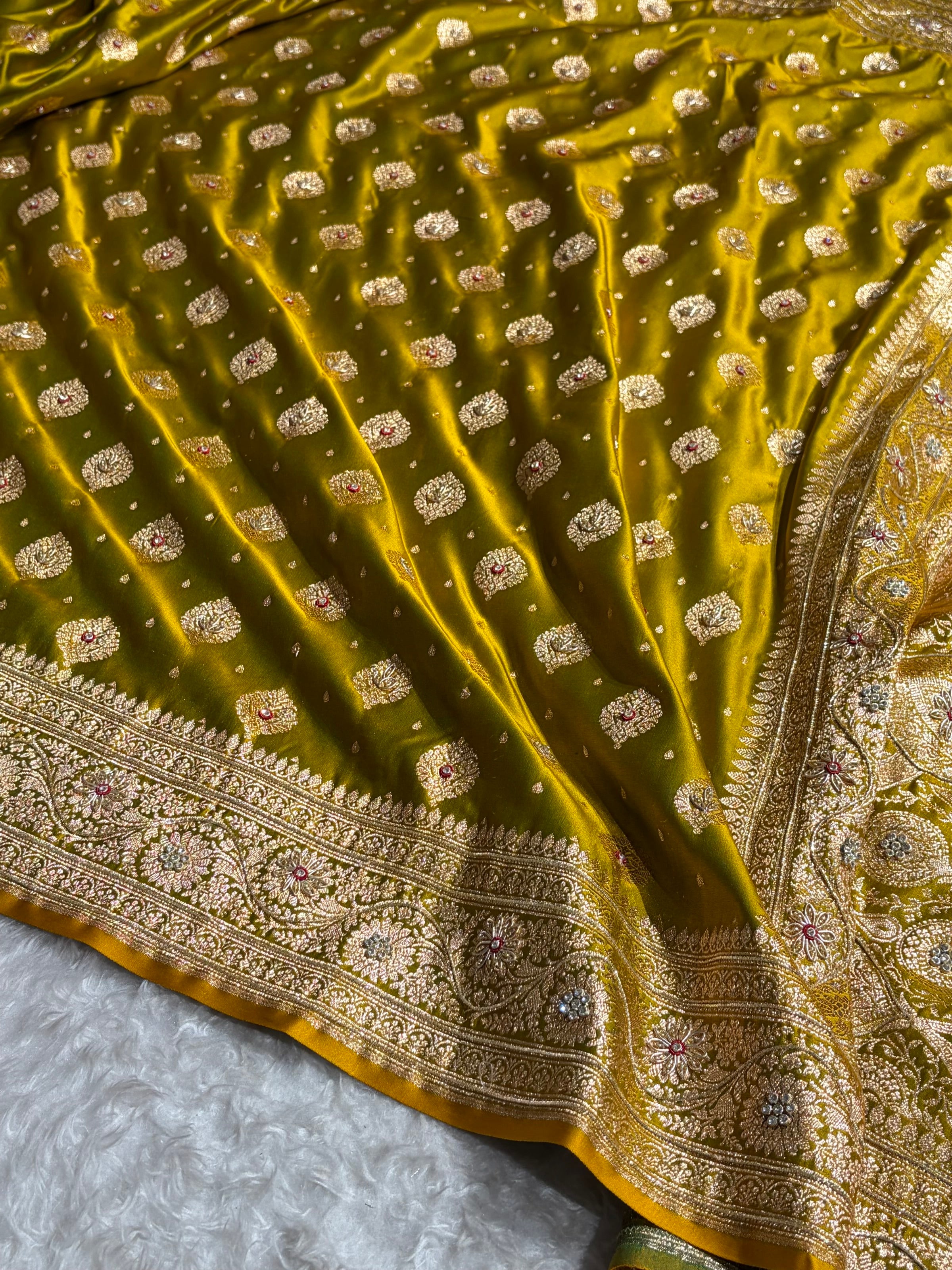 Bridal Mehendi Unique Boota Pattern With Stone & Ari Work Satin Katan Silk Saree BSK69