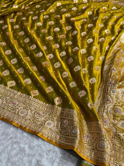 Bridal Mehendi Unique Boota Pattern With Stone & Ari Work Satin Katan Silk Saree BSK69