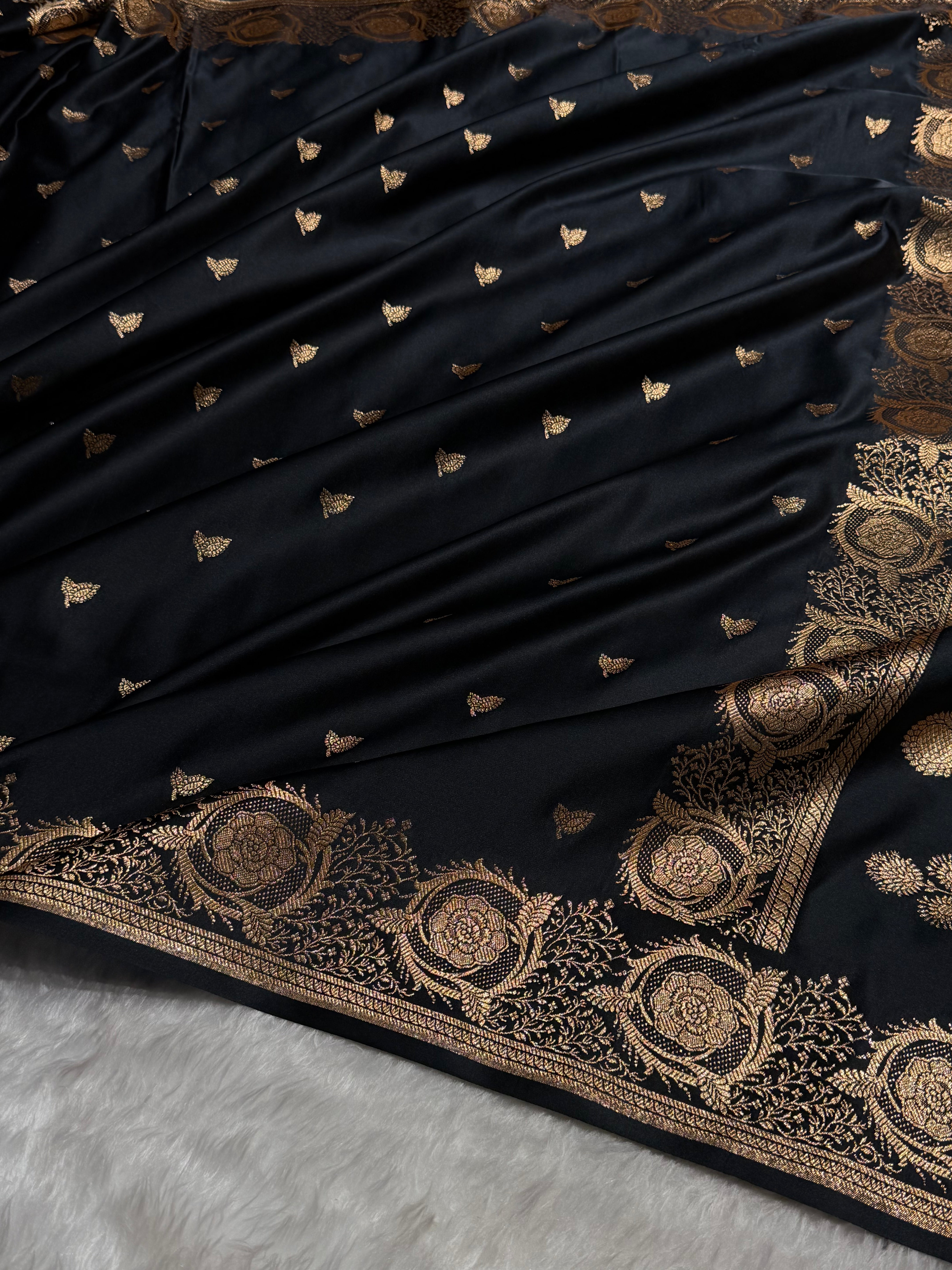 Banarasi Satin Katan Saree With Minakari Boota in Black Shades SK95