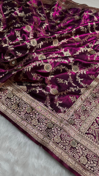 Light Weight Swarovski Work Wine Jaal Pattern Satin Silk Saree BSS14