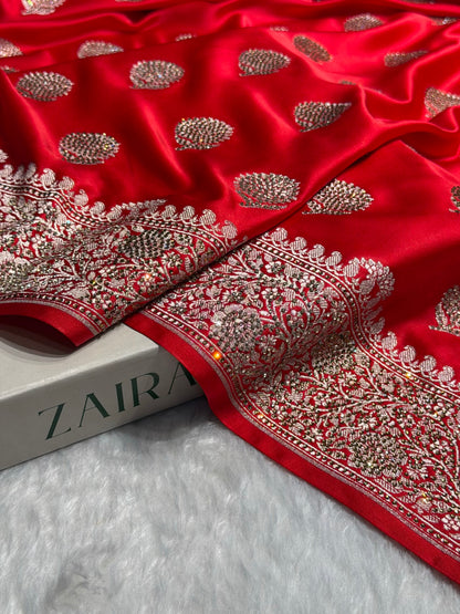 Red Tree Boota With Swarovski Work Mashru Silk Saree BMS19
