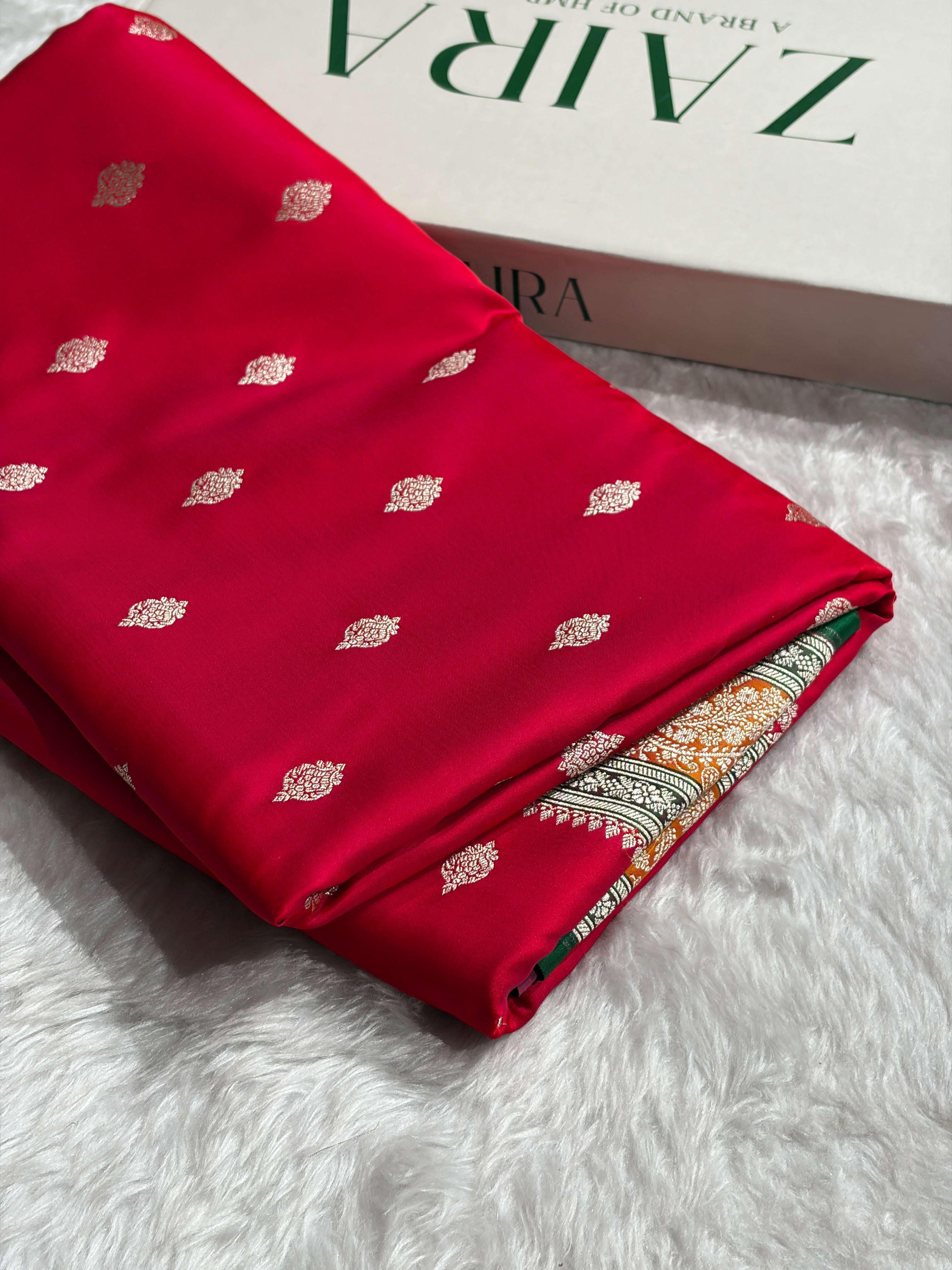 Banarasi Cross Red With Contrast Mustard Floral Border Mashru Silk Saree MSM-101