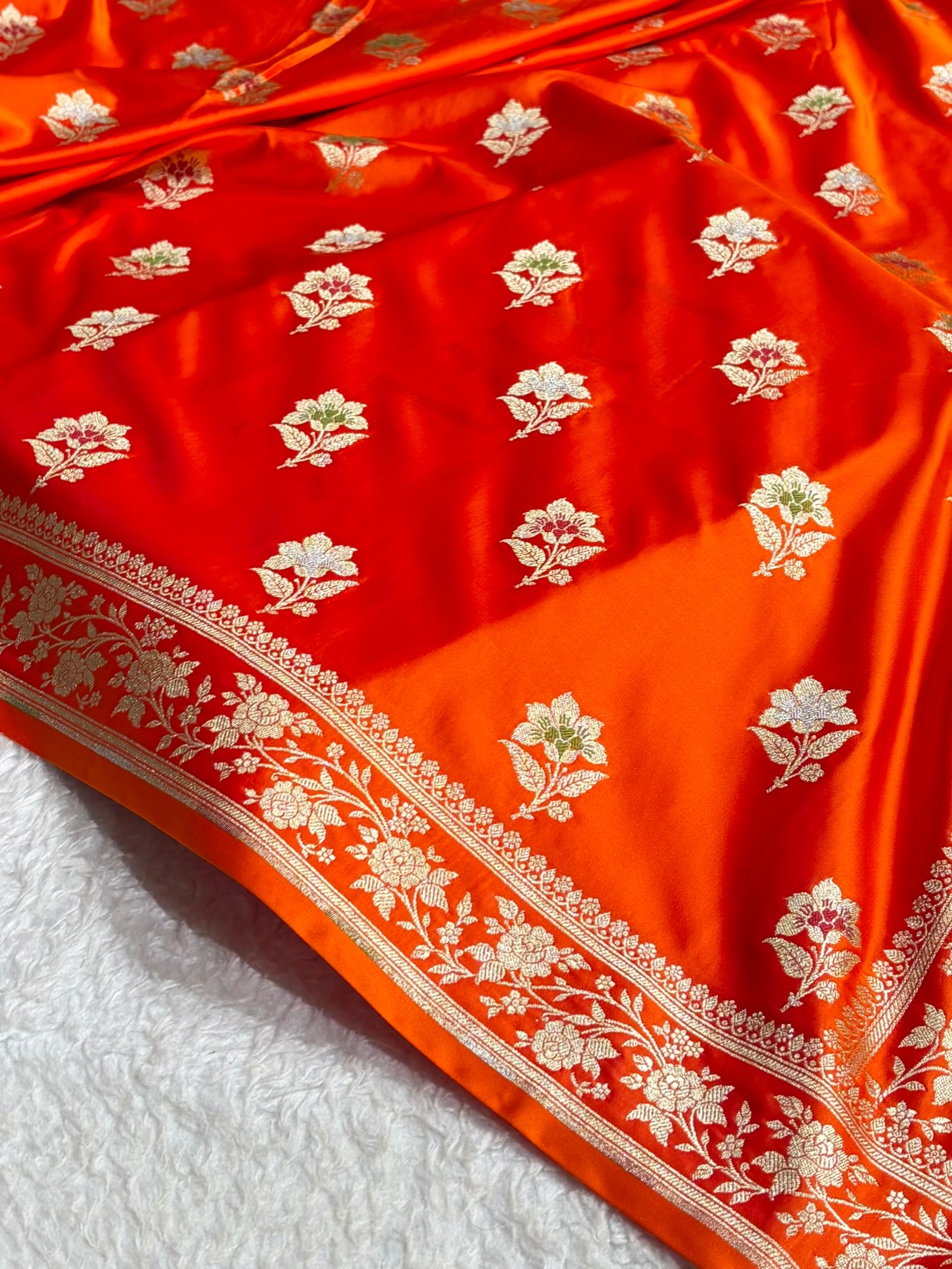 Premium Banarasi Satin Katan Saree With Minakari Boota in Cross Orange Shades SK112