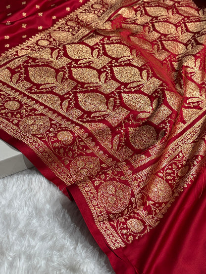 Banarasi Satin Katan Saree With Boota in Dark Red Shades SK117
