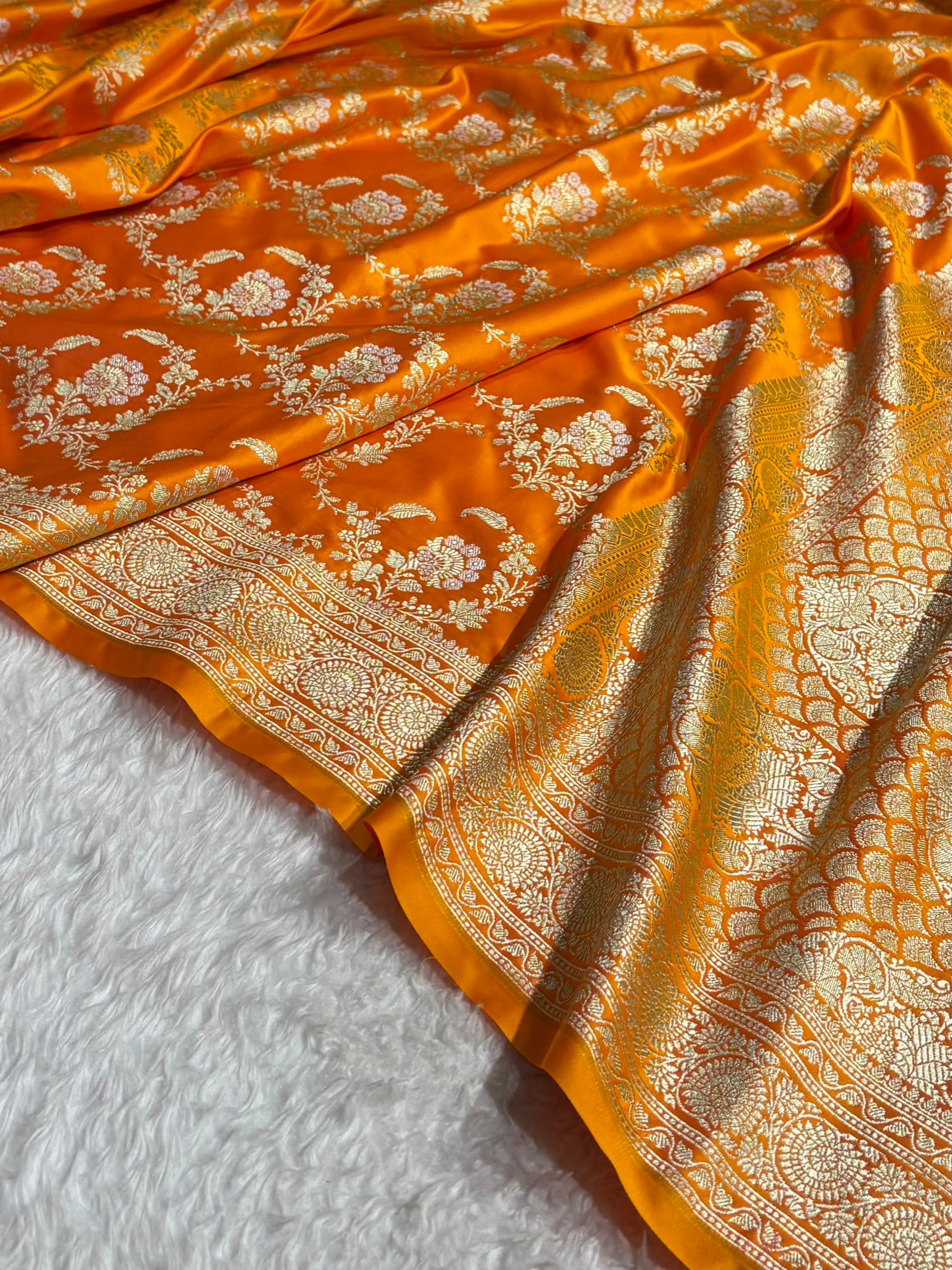 Banarasi Satin Katan Saree With Minakari Jaal Pattern in Mustard Shades SK126