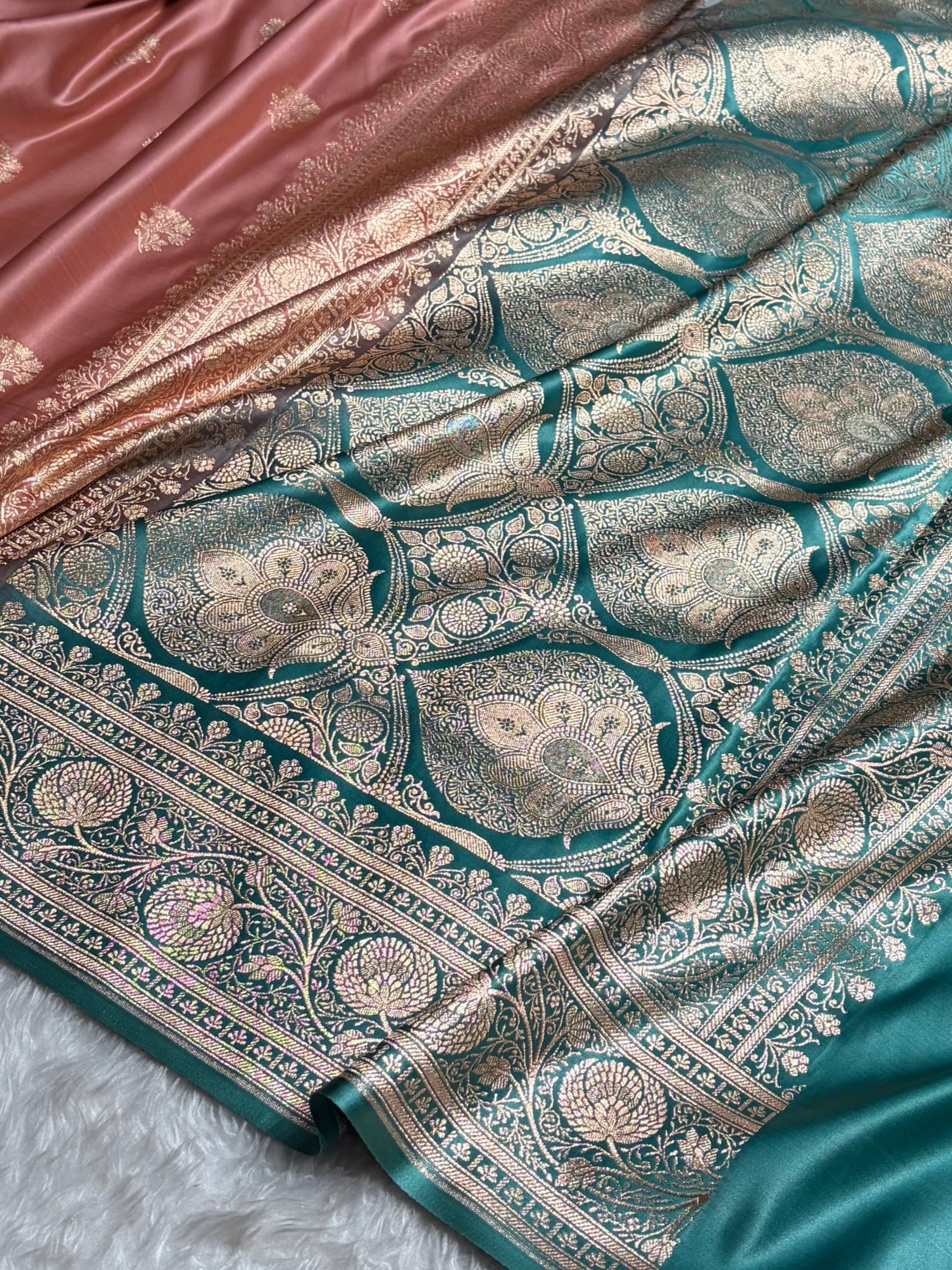 Dusty Mauve - Turquoise Banarasi Boota Katan Silk Saree SKM29
