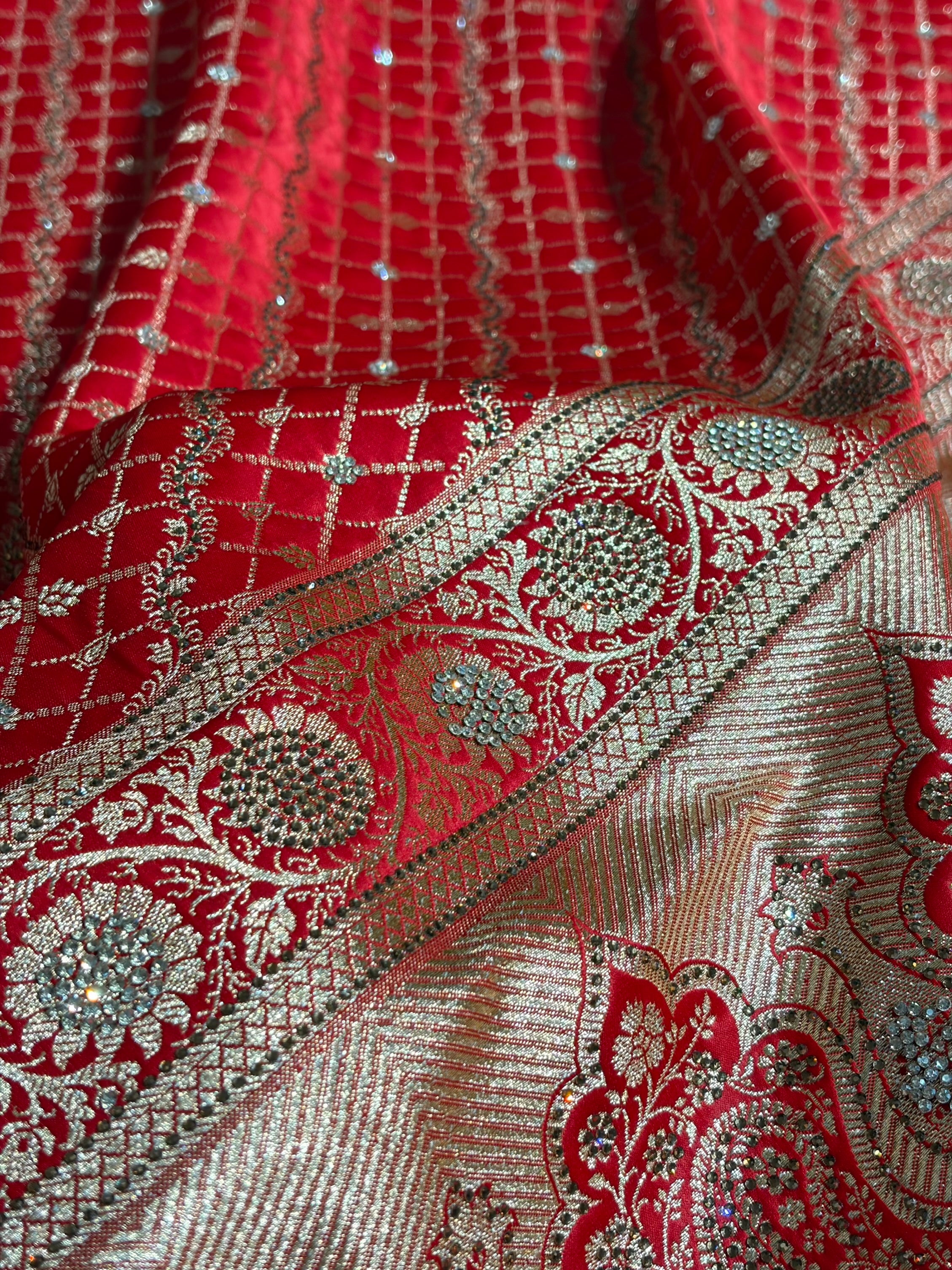 Red Banarasi Brocade With Swarovski Work Soft Katan Silk Saree - BSK44