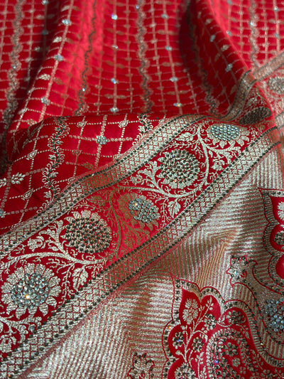 Red Banarasi Brocade With Swarovski Work Soft Katan Silk Saree - BSK44