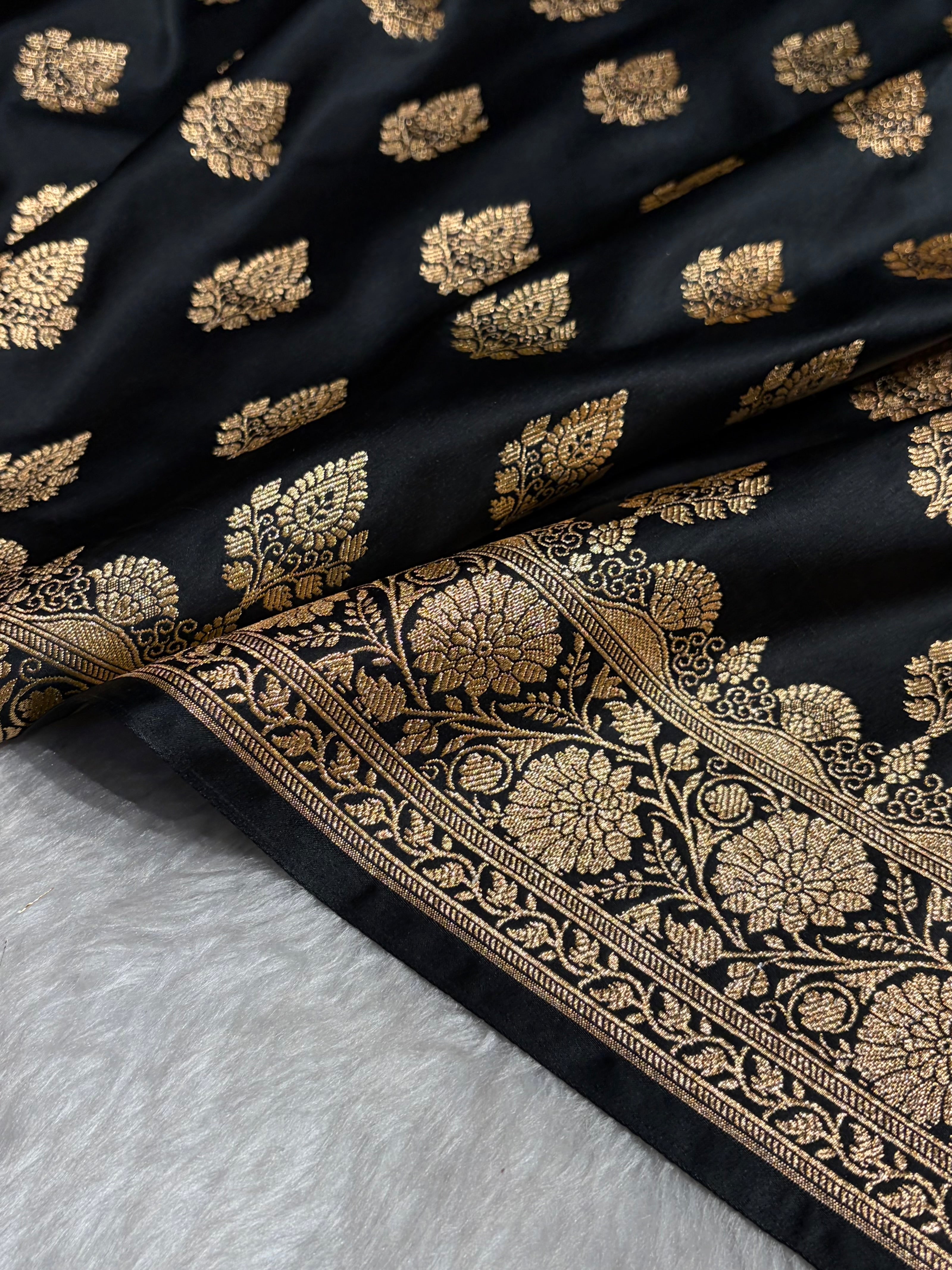 Black Floral Boota Pattern Satin Katan Silk saree SK45