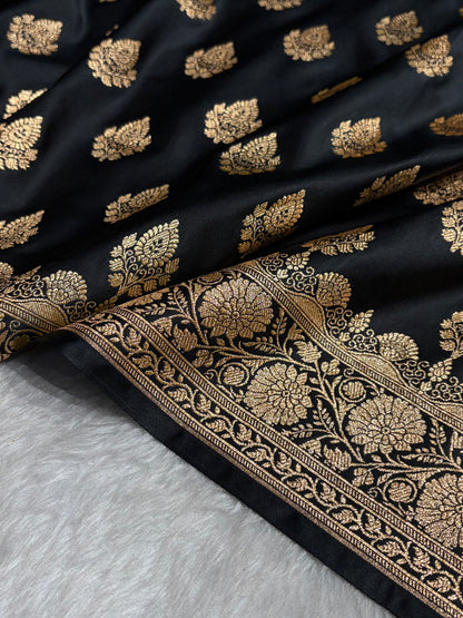 Black Floral Boota Pattern Satin Katan Silk saree SK45