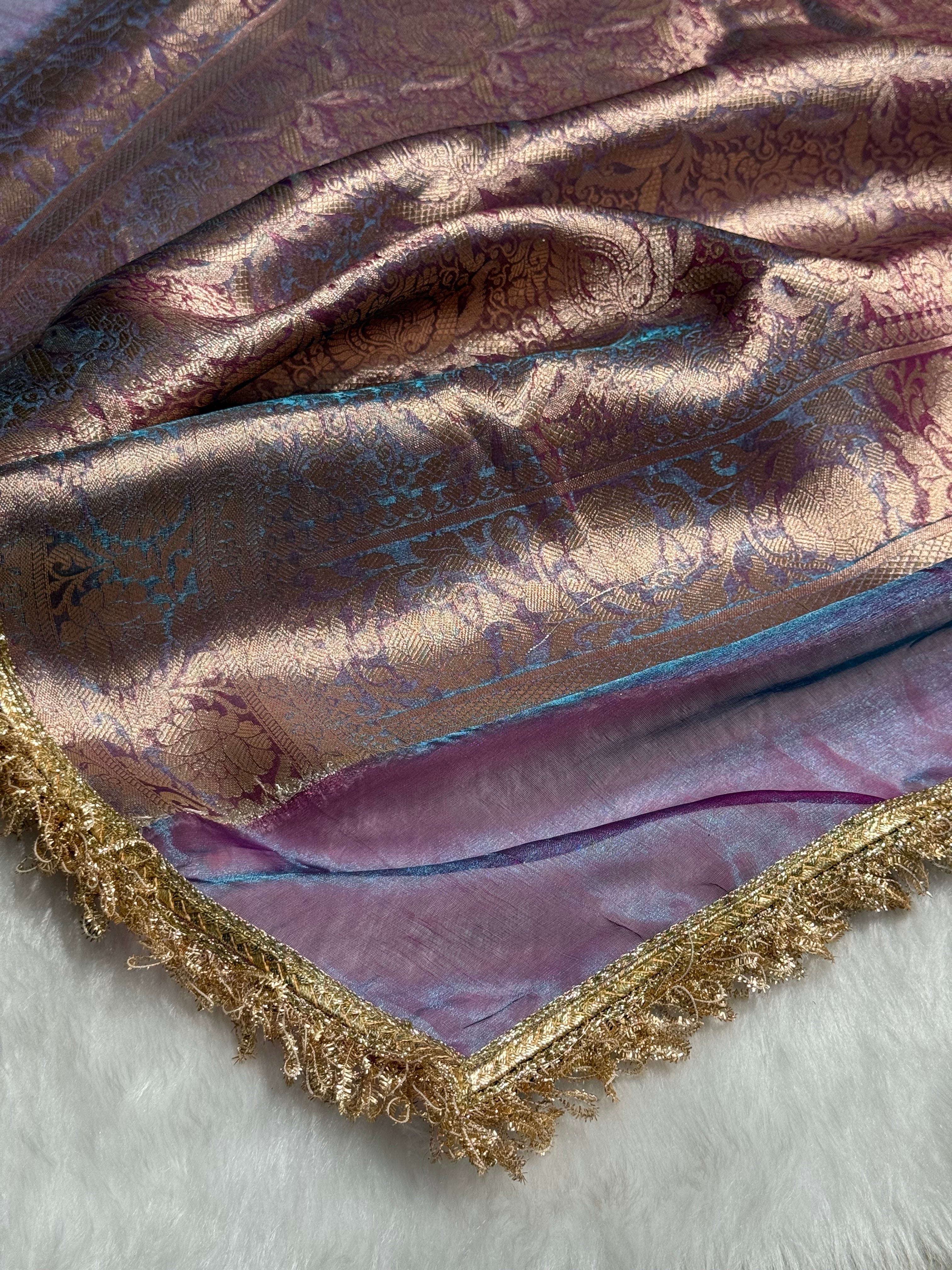 Cross Purple Shade Pure Tissue Silk Saree with Brocade Blouse And Gotta Patti PT-18