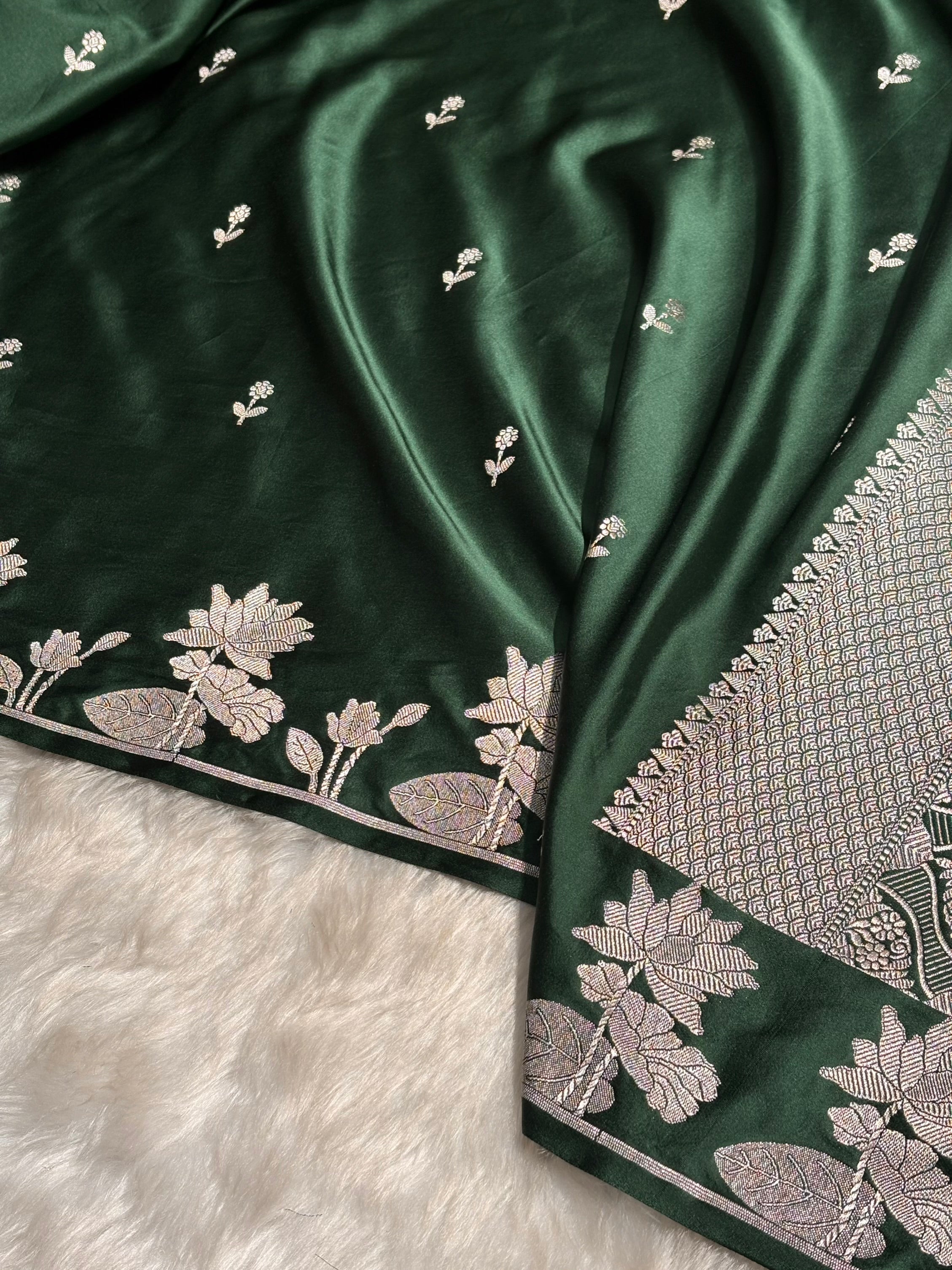 Dark Bottle Green Booti Motif Mashru Silk Saree