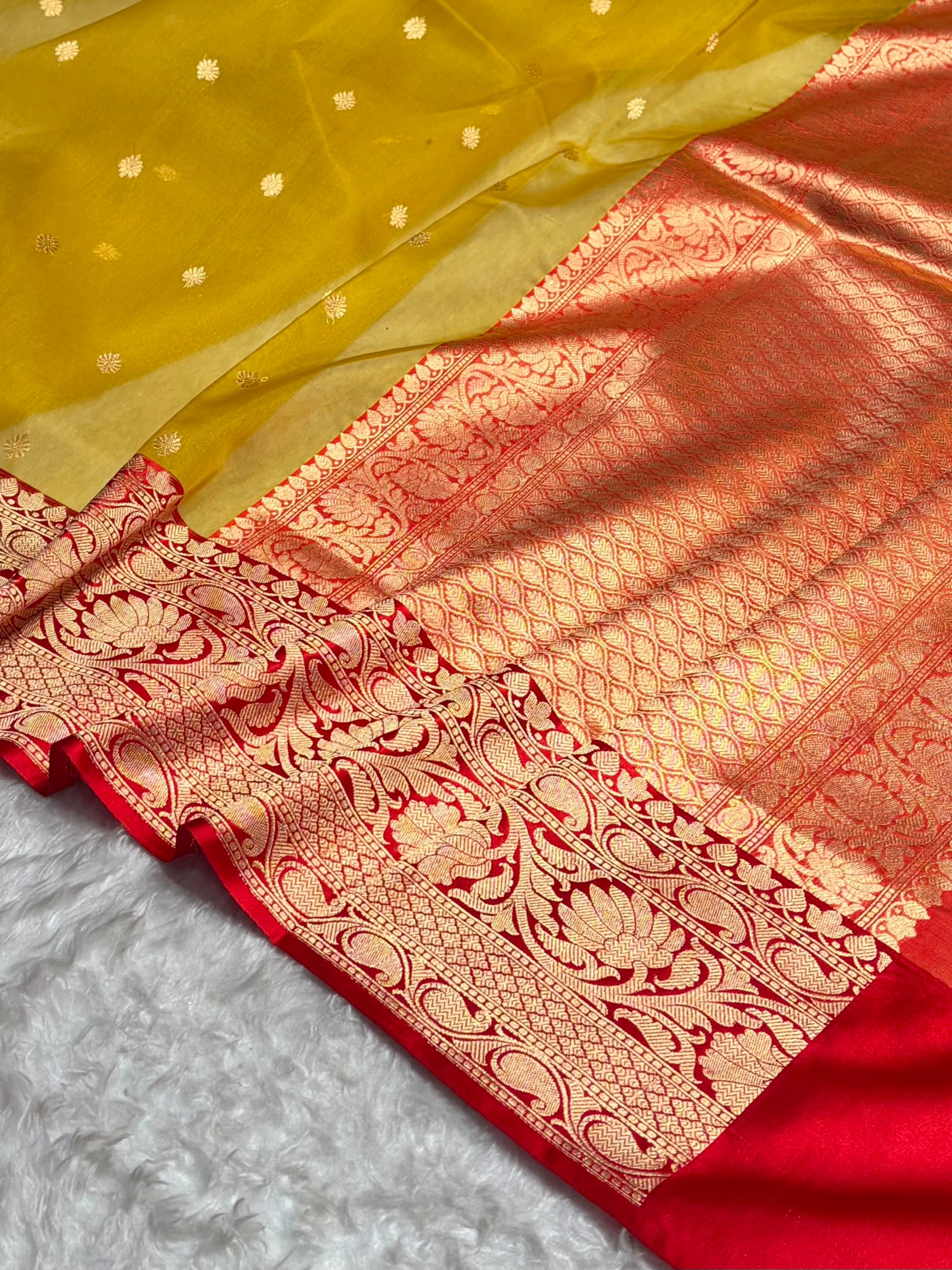 Contrast Pure Banarasi Organza Mustard With Red Floral Banarasi Silk Saree PO-15
