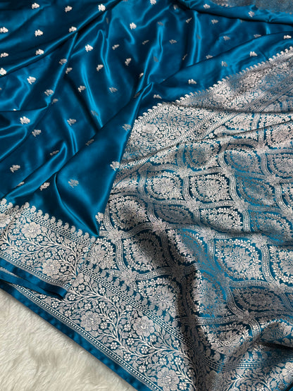Dusty German Blue floral Booti Mashru Silk Saree