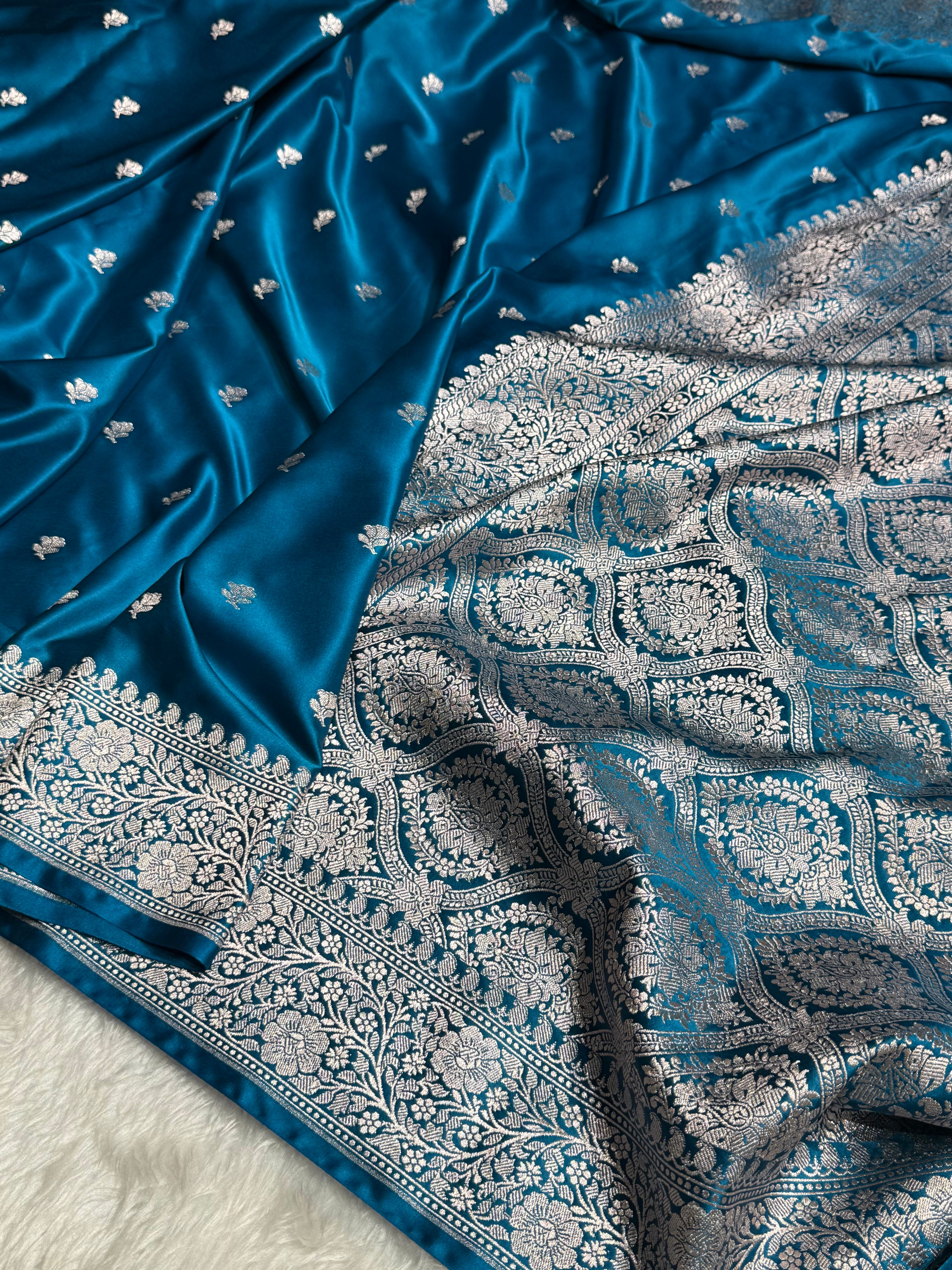 Dusty German Blue floral Booti Mashru Silk Saree