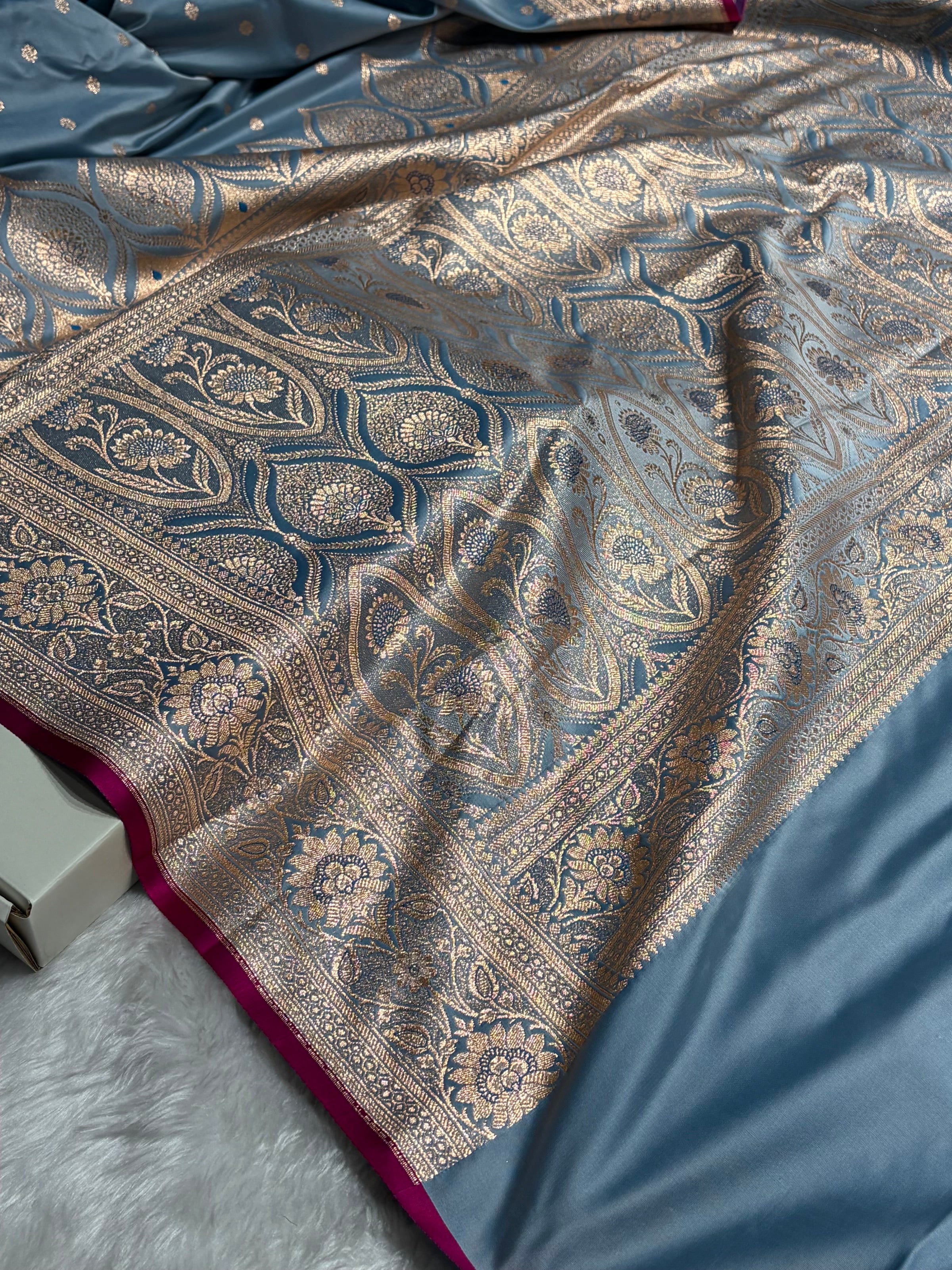 Banarasi Powder Blue Booti Satin katan Silk Saree SK11