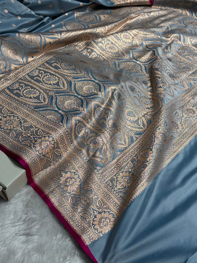 Banarasi Powder Blue Booti Satin katan Silk Saree SK11