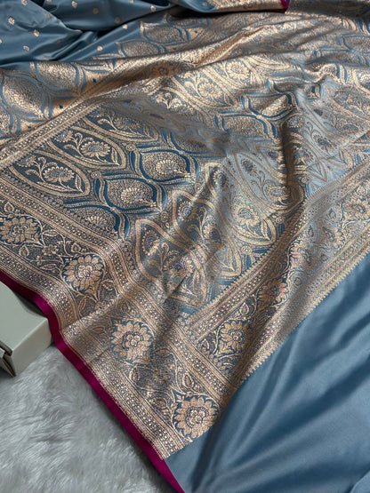 Banarasi Powder Blue Booti Satin katan Silk Saree SK11