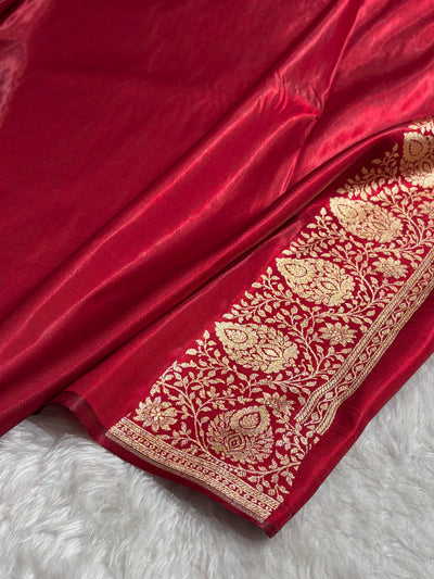 Satin Silk Saree Floral Boota in Red Shades SS28