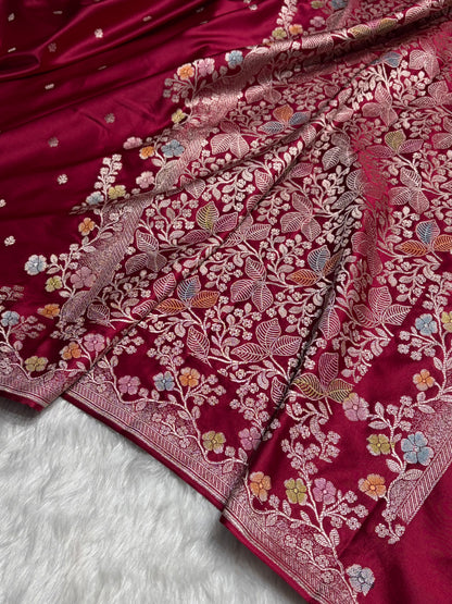 Maroon Shades Minakari Floral Border Booti Mashru Silk Saree MS75