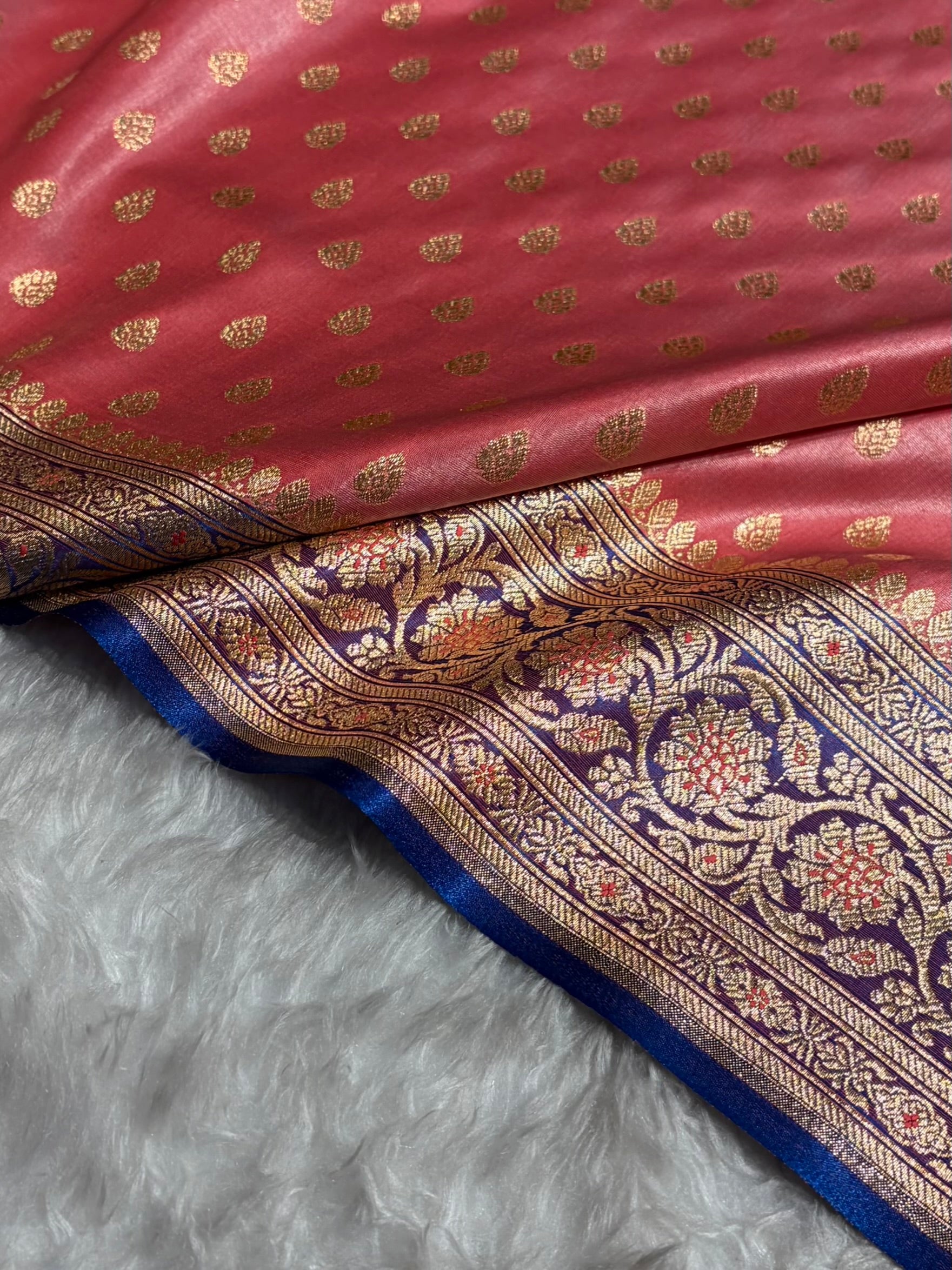 Banarasi Contrast Satin Silk Booti in Baby Pink With Royal Blue Shades SS01