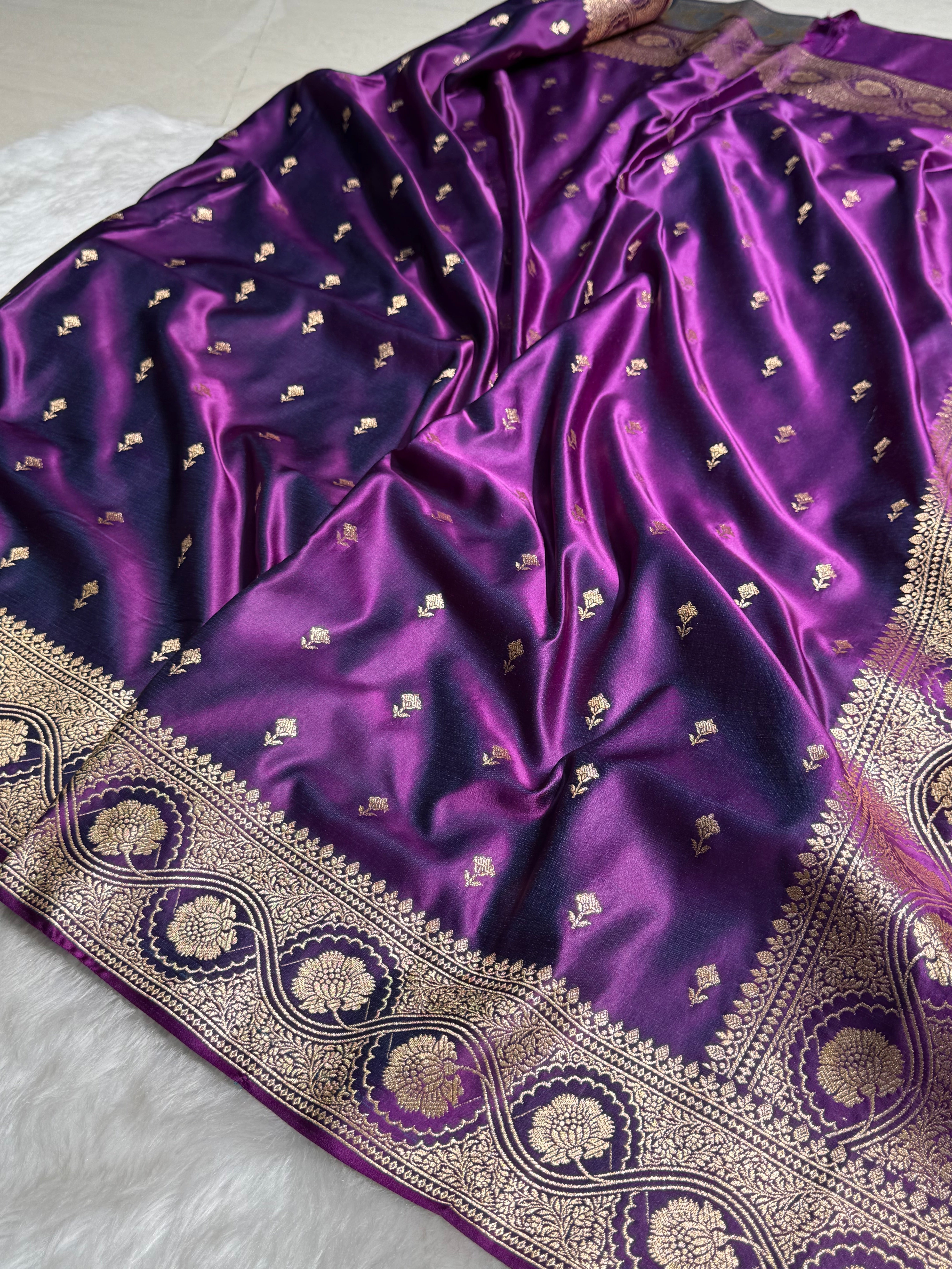 Cross Purple Booti Pattern Satin Katan Silk Saree SK54