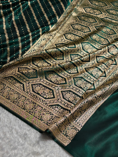 Banarasi Bottle Green Shades Cross Pattern Banarasi Satin Silk Saree SS61