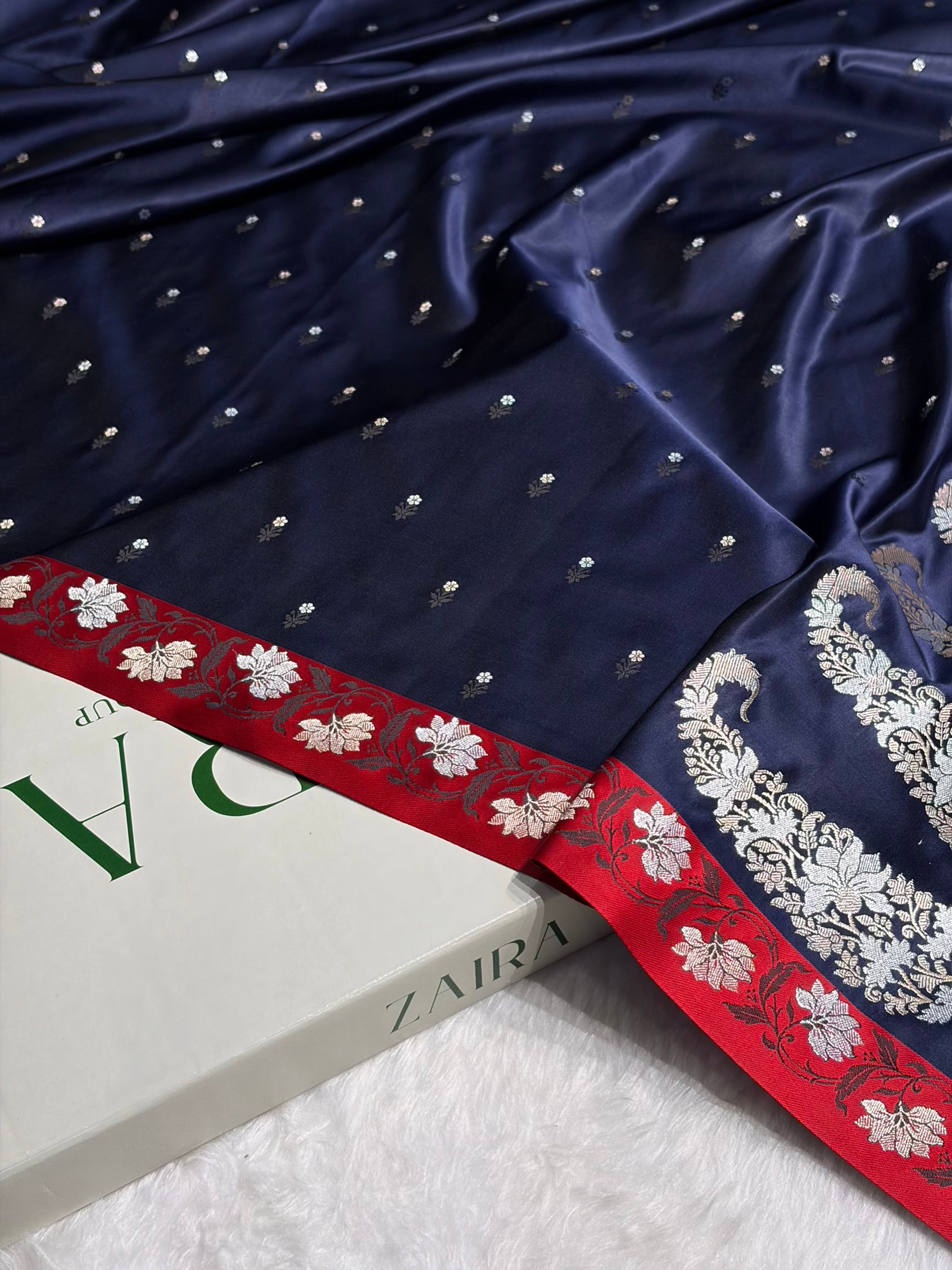 Navy Blue With Red Floral Boota With Floral Border Mashru Silk Saree MSM 78