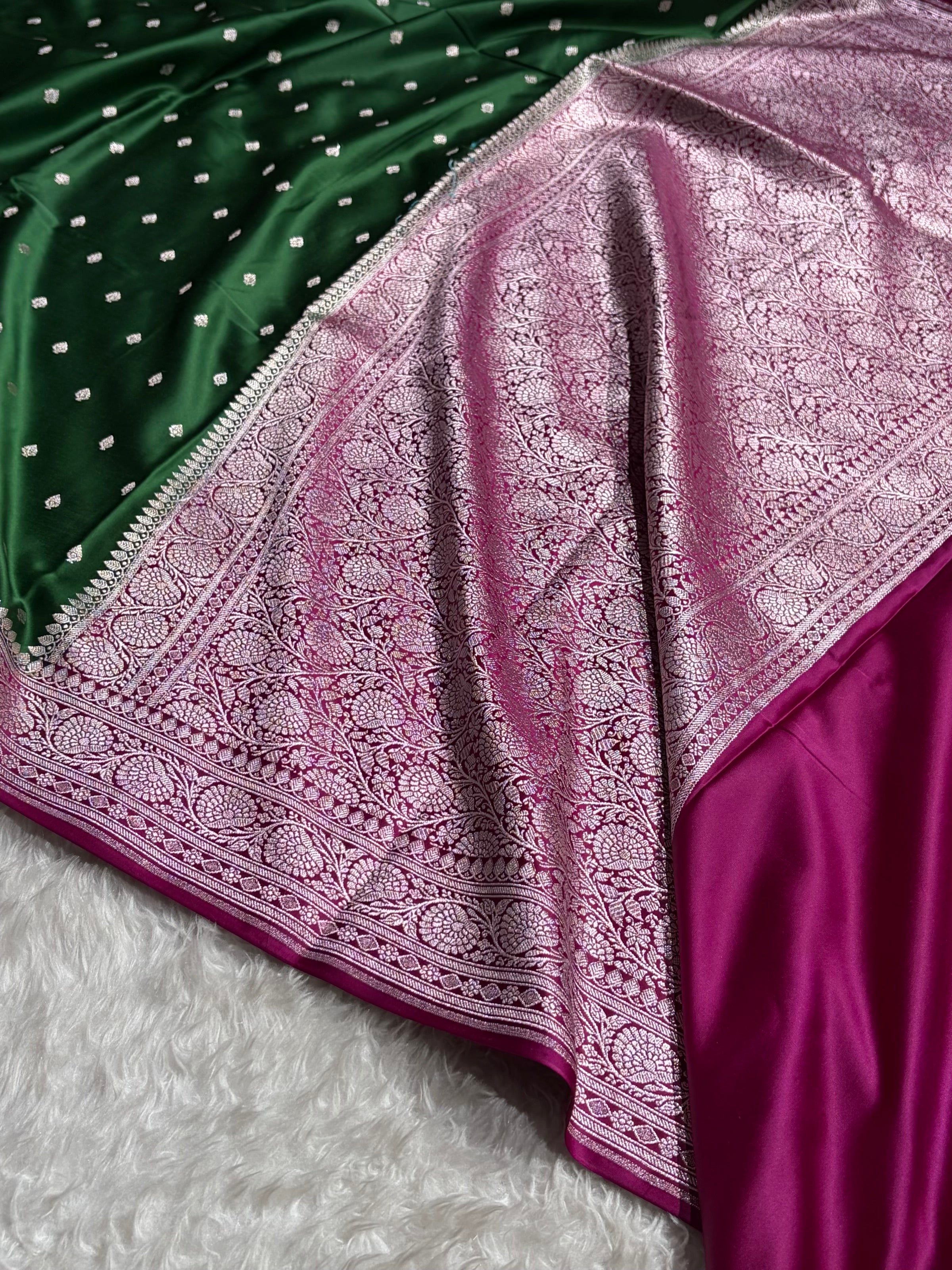 Bottle Green Shades With Contrast Rani Border Booti Mashru Silk Saree MS79