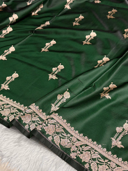 Dark Bottle Green Boota With Floral Border Mashru Silk Saree MSM-92