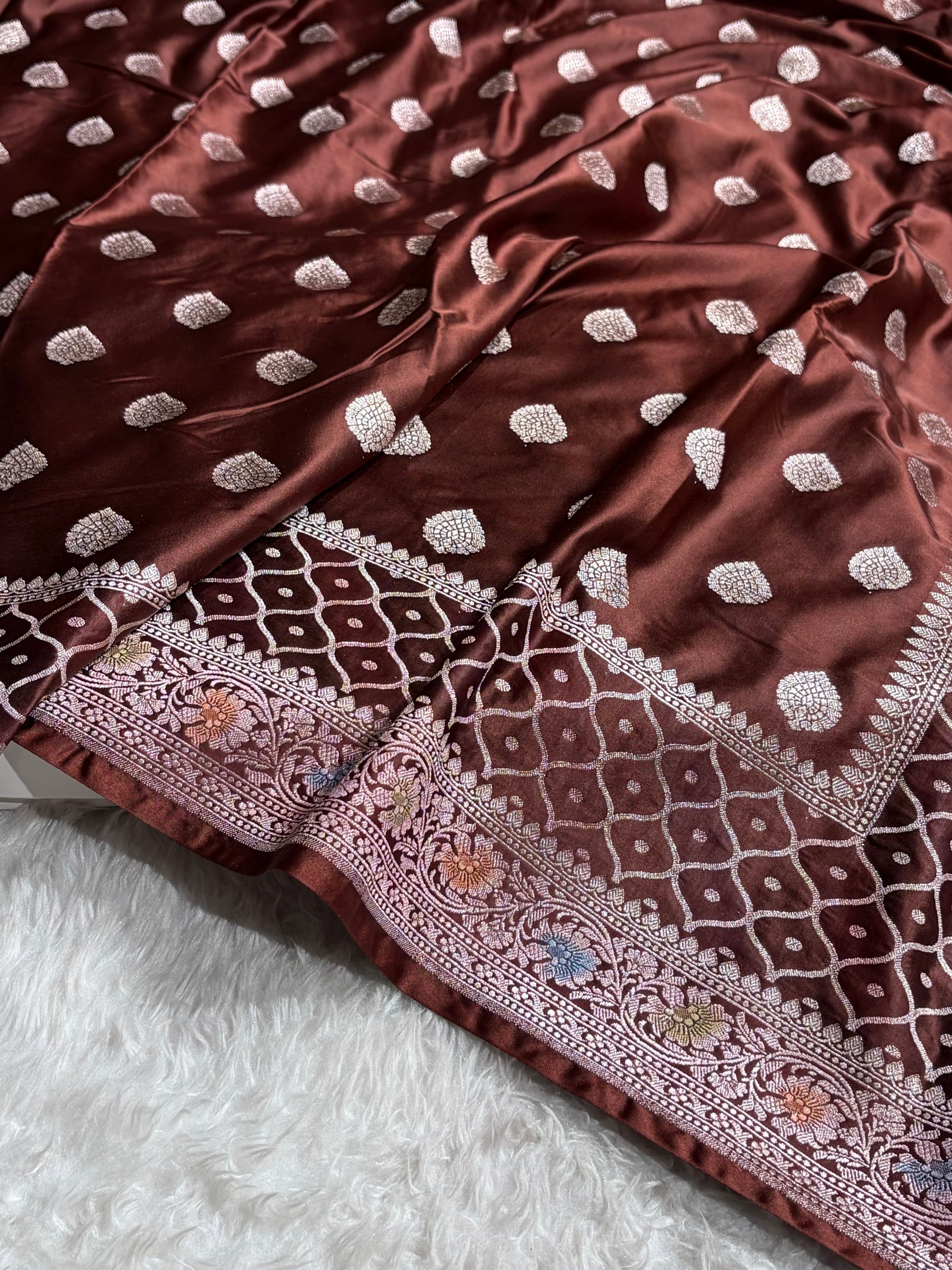 Chocolate Shades Minakari Floral Border Booti Mashru Silk Saree