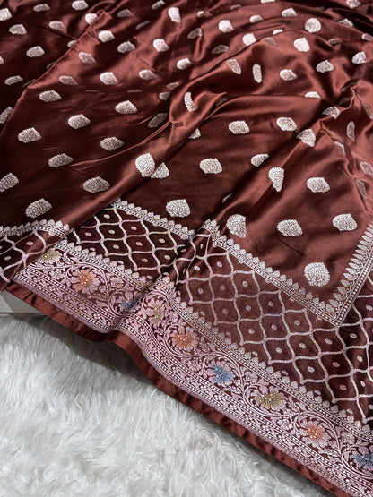 Chocolate Shades Minakari Floral Border Booti Mashru Silk Saree