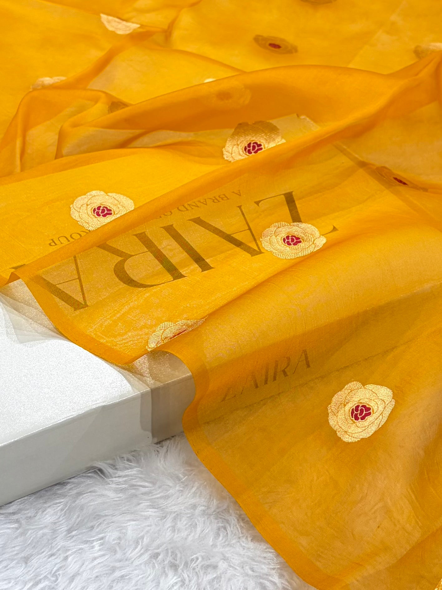 Pure Banarasi Organza Mustard Shades With Minakari Floral Banarasi Silk Saree PO-27