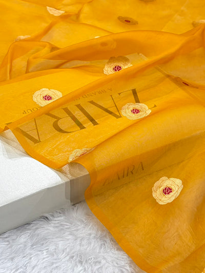 Pure Banarasi Organza Mustard Shades With Minakari Floral Banarasi Silk Saree PO-27