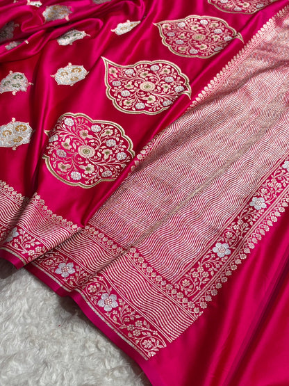 Premium Banarasi Satin Katan Saree Minakari Booti Pattern in Rani Shades SK138