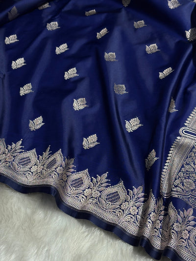 Navy Blue Floral Boota With Floral Border Mashru Silk Saree MSM-80