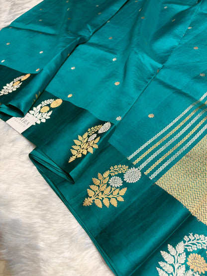 Peacock Blue Shade Handwoven Kaduwa Pure Katan Raw Mango Silk RM-05