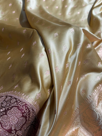 Banarasi Satin Katan Saree Floral Booti Pattern in Contrast Tusser / Garnet Shades SK153