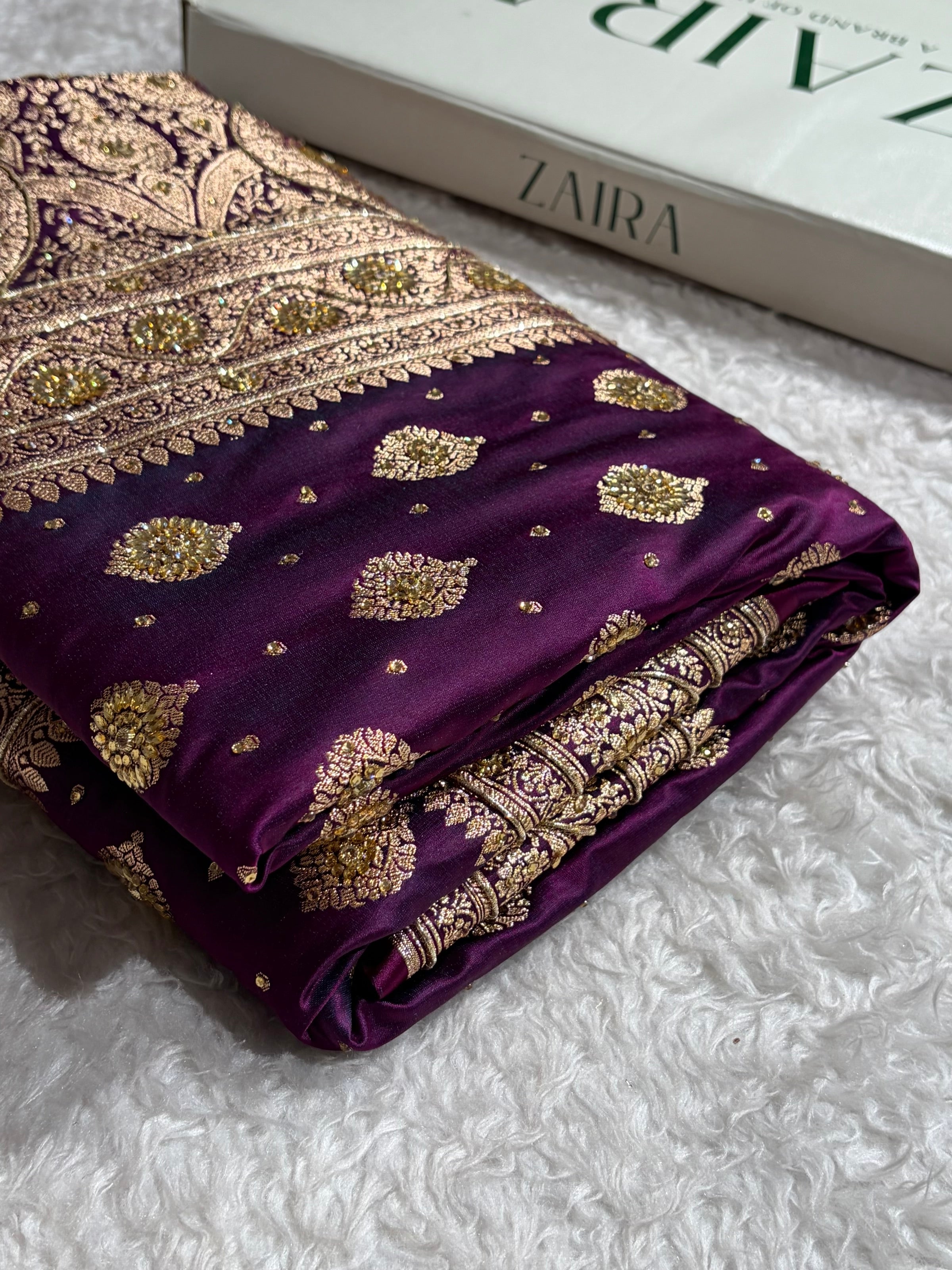 Cross Wine Unique Boota Pattern With Stone & Ari Work Satin Katan Silk Saree BSK69