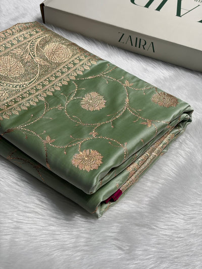 Pista Banarasi Jaal Satin Katan Silk Saree SK06