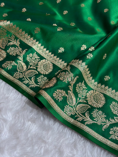 Banarasi Cross Green Shades Floral Pattern Satin Katan Silk Saree SK77